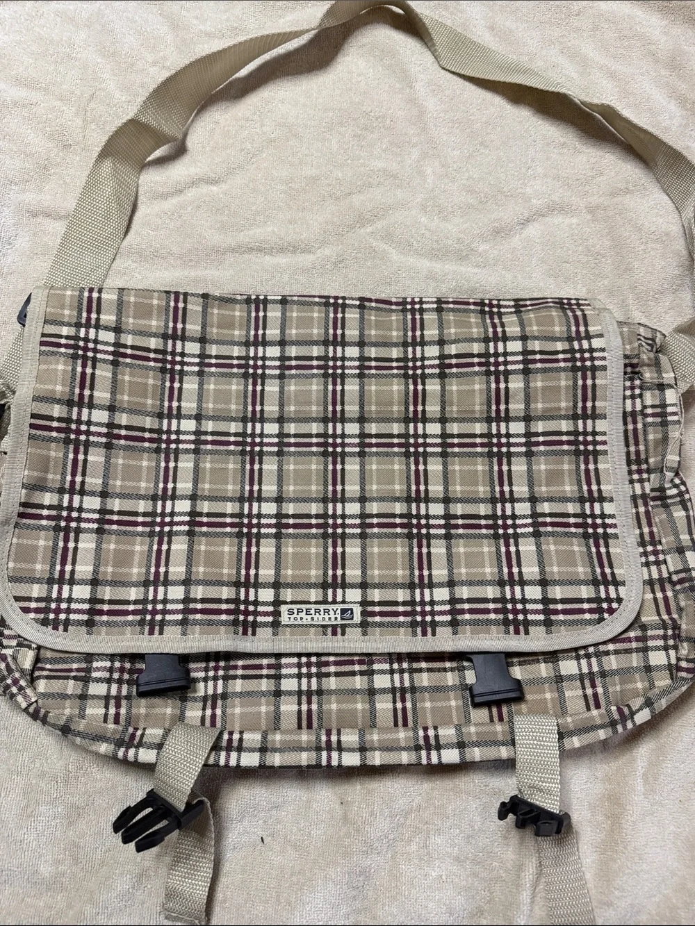 Sperry Beige Plaid Messenger Bag with Burgundy Accents